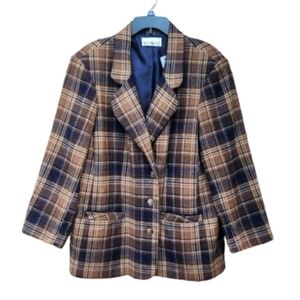 VTG White Stage Tartan Plaid Blazer Button-Up Pockets Grandma Grandpa